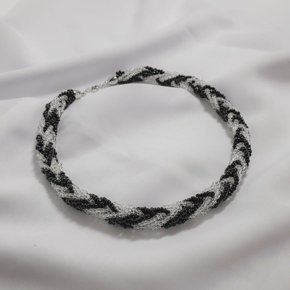 Trifari Jewelry - Vintage Trifari Black Clear Glass Seed Beaded Woven Rope Choker Necklace